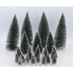 Christmas Bottle Brush Dept 56 & LEMAX Village Frosted Pine Trees 21pc LOT